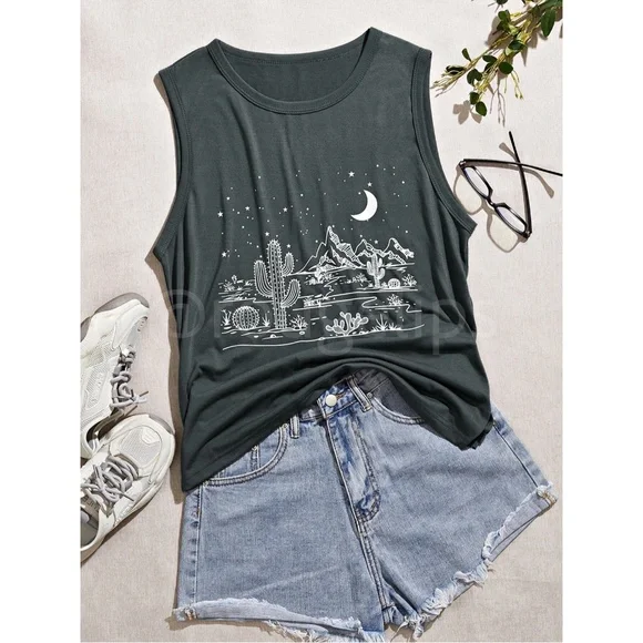 Boho Western Print Grey Tank Top Tee Shirt Muscle - Picture 6 of 7